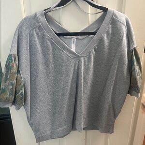 Anthropologie Gray V-Neck Sweatshirt with Patterned Sleeves